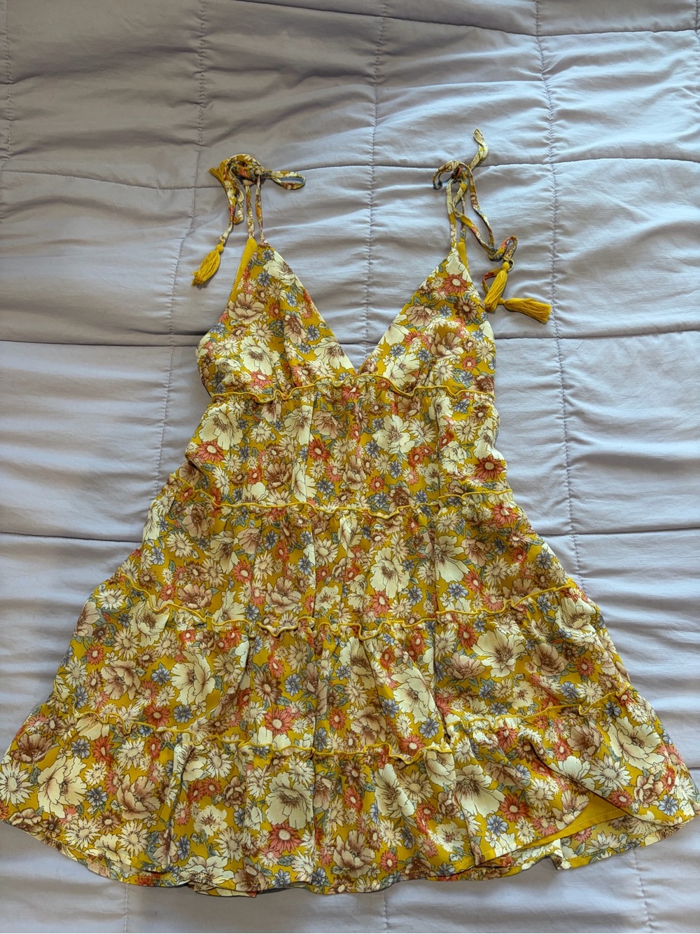 Yellow Floral Tiered Sundress with Tassel Straps forever 21 medium